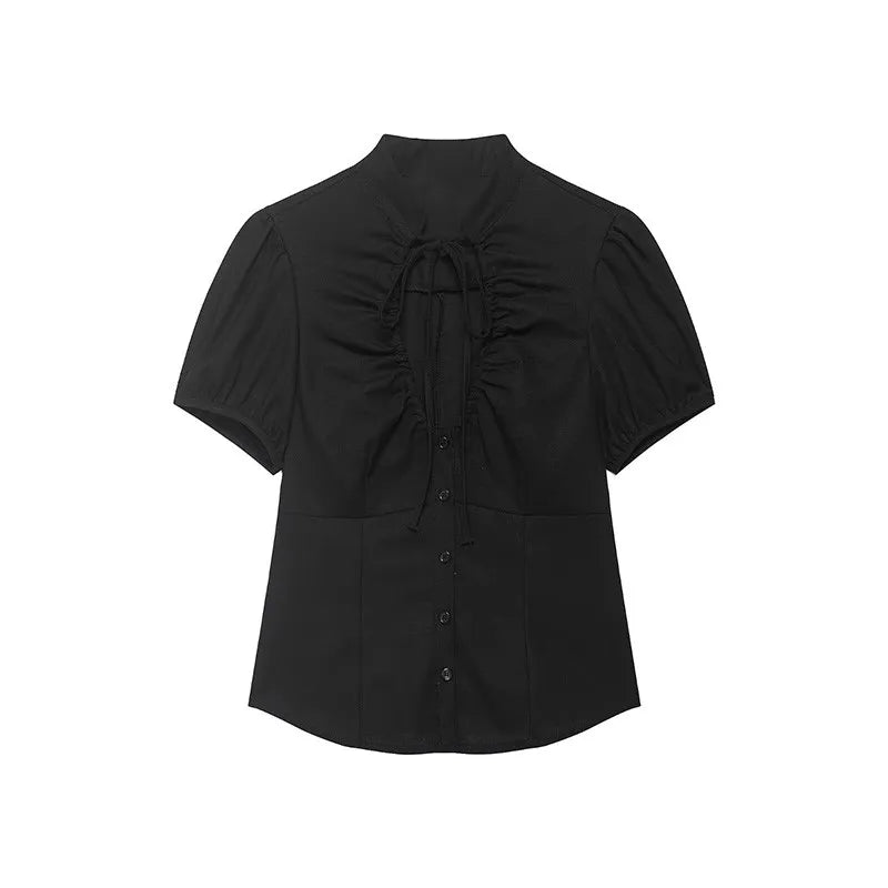 Women's Tops 2026 Summer Fashion Stand Collar Lace Up Short Sleeve Buttons Blouses Elegant Shirts Female Slim Top