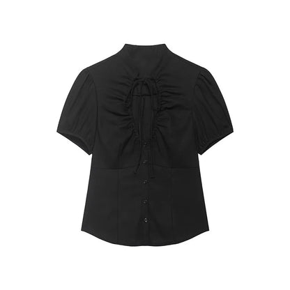 Women's Tops 2026 Summer Fashion Stand Collar Lace Up Short Sleeve Buttons Blouses Elegant Shirts Female Slim Top