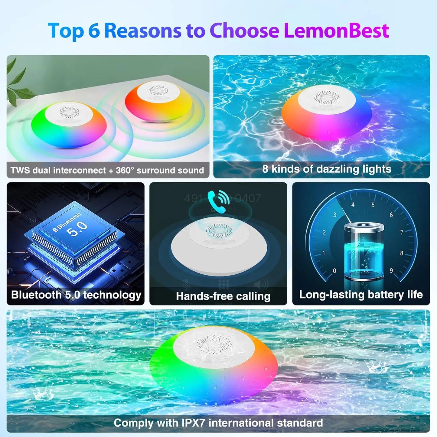 IPX7 Waterproof Bluetooth Speaker with RGB Lights, Floating Pool Speaker for Shower, Beach, Hot Tub, Wireless Portable Audio