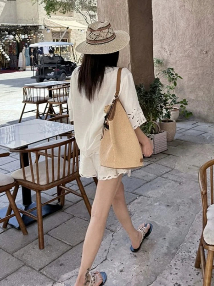 French Elegant White Linen Eyelet Lace Blouse Shorts Set Women V Neck Embroidered Hollow Out Tops And Elastic Waist Short Pants