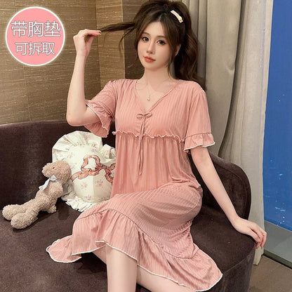 Hot Summer Plus Size Sexy Lace V-neck Short Sleeve Cotton Nightgowns for Women Cute Sleepwear Night Dress Nightdress Home Nighty