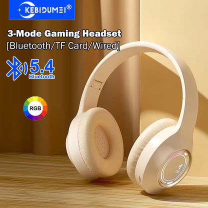 KEBIDUMEI RGB Over-Ear Gaming Headphones Bluetooth 5.4 3.5mm Wired TF Card Tri-mode Earphones HiFi Stereo Wireless Headsets