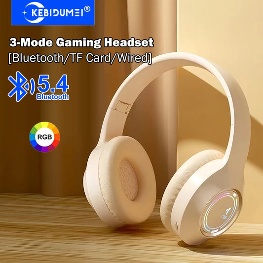 KEBIDUMEI RGB Over-Ear Gaming Headphones Bluetooth 5.4 3.5mm Wired TF Card Tri-mode Earphones HiFi Stereo Wireless Headsets