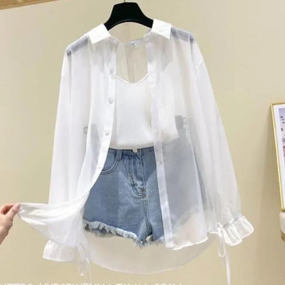 Smvp Chiffon Blouses for Women Summer Thin Loose Button-Up Sunscreen Shirt Woman Korean Fashion Bow Lace-up Long Sleeve Shirts