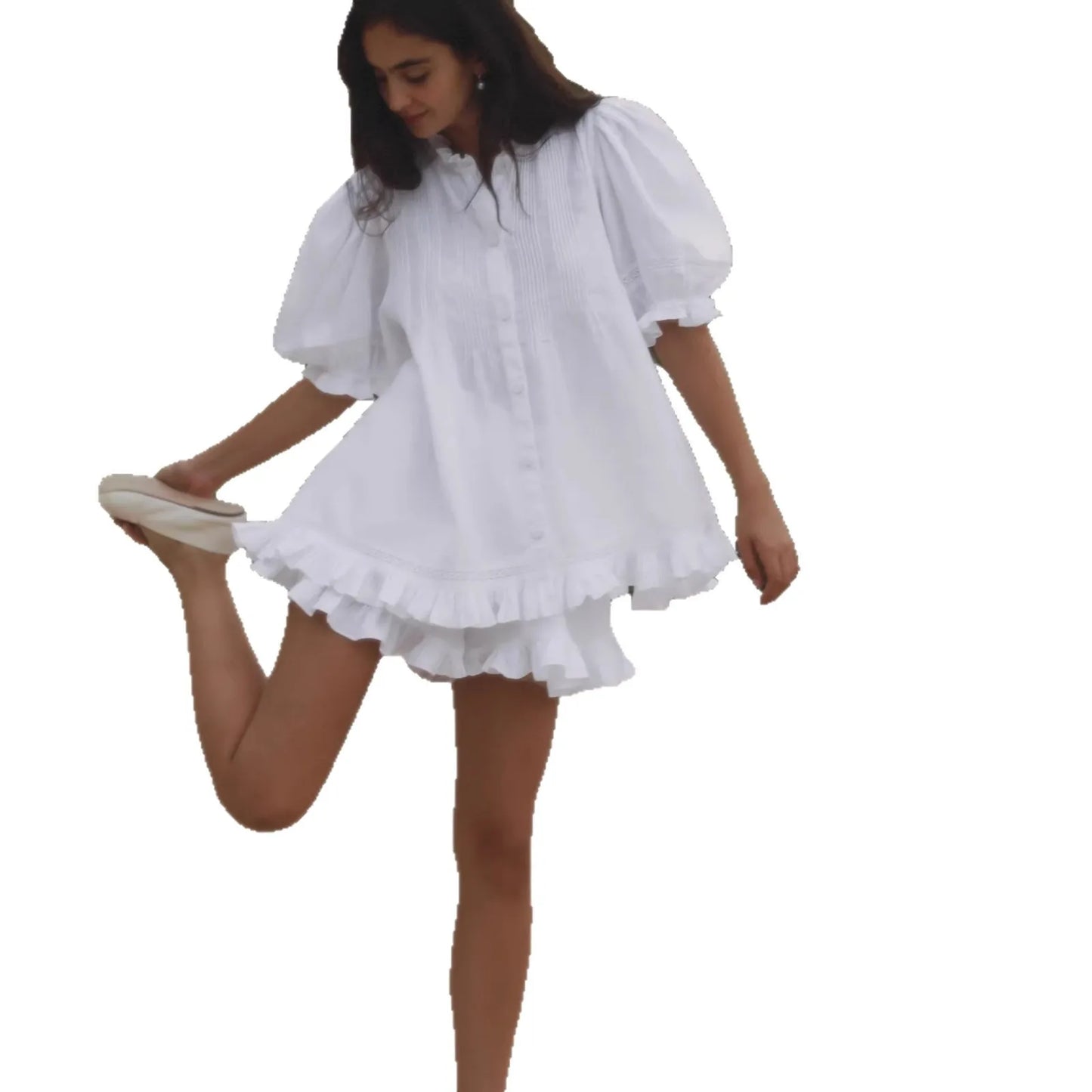Women 2 Piece Shorts Set Puff Sleeve Button Down Blouse And Ruffle Hem Shorts White Cotton Look Casual Outfits Summer Streetwear