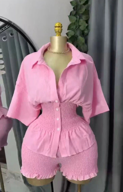 Elegant New Design WomenSummer Two Piece Set Solid Color Short Sleeve Elastic Waist Ruffles Hem Blouse Top And Folds Shorts Set