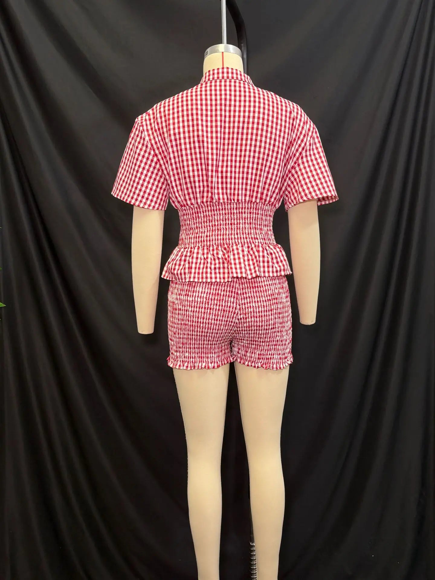2025 Summer New Sweet Style Red and White Plaid Short Sleeve Shirt Collar Shorts Set