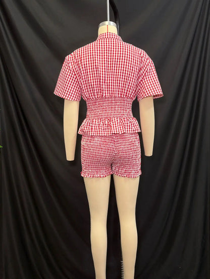 2025 Summer New Sweet Style Red and White Plaid Short Sleeve Shirt Collar Shorts Set
