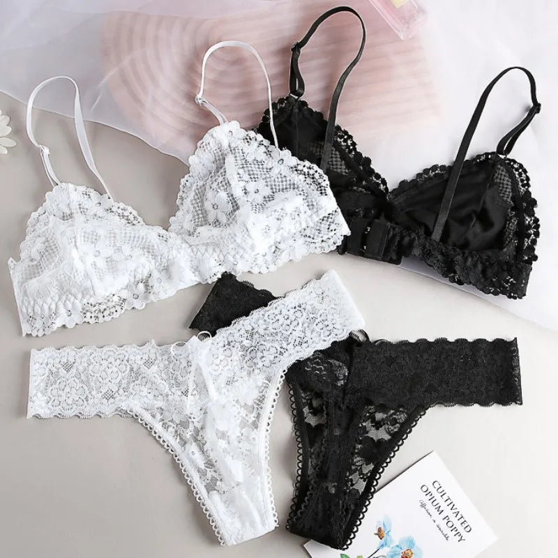 Women's Wireless Lace Bra and Panties Set Sheer Bralette Low Waist Thongs Triangle Cup Sexy Lingerie Set Ladies Underwear S-L