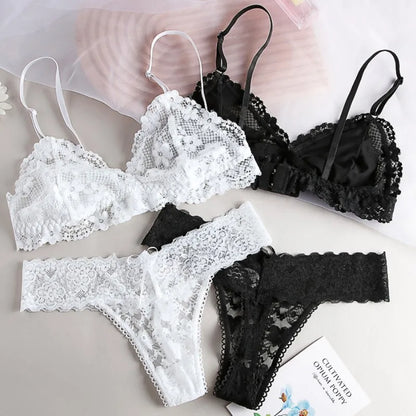 Women's Wireless Lace Bra and Panties Set Sheer Bralette Low Waist Thongs Triangle Cup Sexy Lingerie Set Ladies Underwear S-L