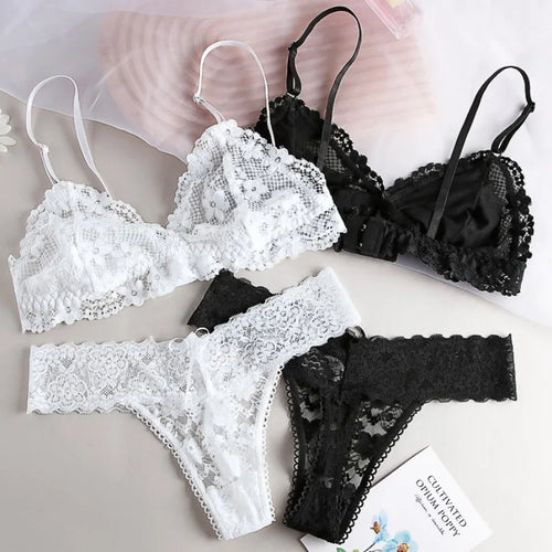 Women's Wireless Lace Bra and Panties Set Sheer Bralette Low Waist Thongs Triangle Cup Sexy Lingerie Set Ladies Underwear S-L