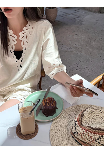 French Elegant White Linen Eyelet Lace Blouse Shorts Set Women V Neck Embroidered Hollow Out Tops And Elastic Waist Short Pants