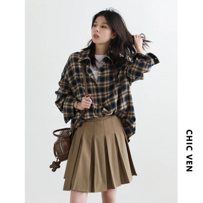 CHIC VEN Women Shirts Loose Casual New Sanding Plaid Shirt Long Sleeve Medium Long Length Blouses Female Tops Spring Autumn 2025
