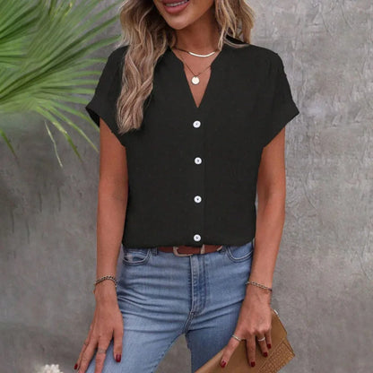 casual short sleeve shirts for women 2025 summer fashion loose white v-neck button blouses and tops female blouse elegant