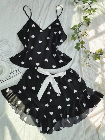 Cute Heart Print Pajamas for Women Set V Neck Top and Shorts Loungewear Sexy Fashion Women’s Sleepwear for Home
