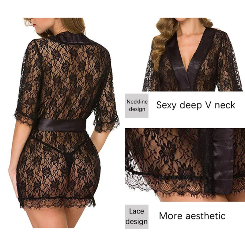 New Hot Sexy Women Floral Lace Lingerie V-Neck Sheer Mesh Nightgown Comfortable Ladies Kimono Nightdress Sleepwear
