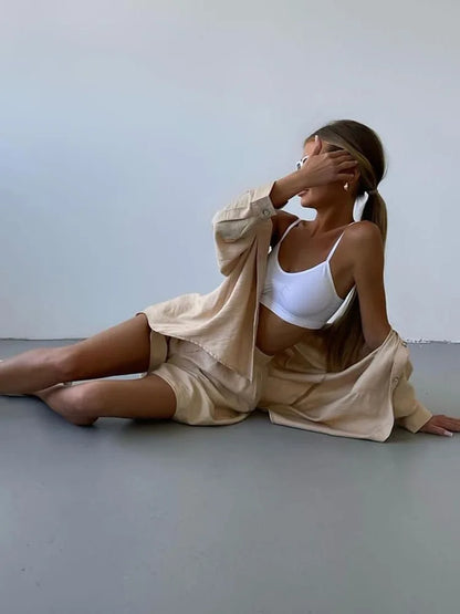 Summer Women's Suit Shirt and Short Sets Solid Color Casual Cotton and Linen Blouse and Shorts Two Piece Sets Women Outfit 2026