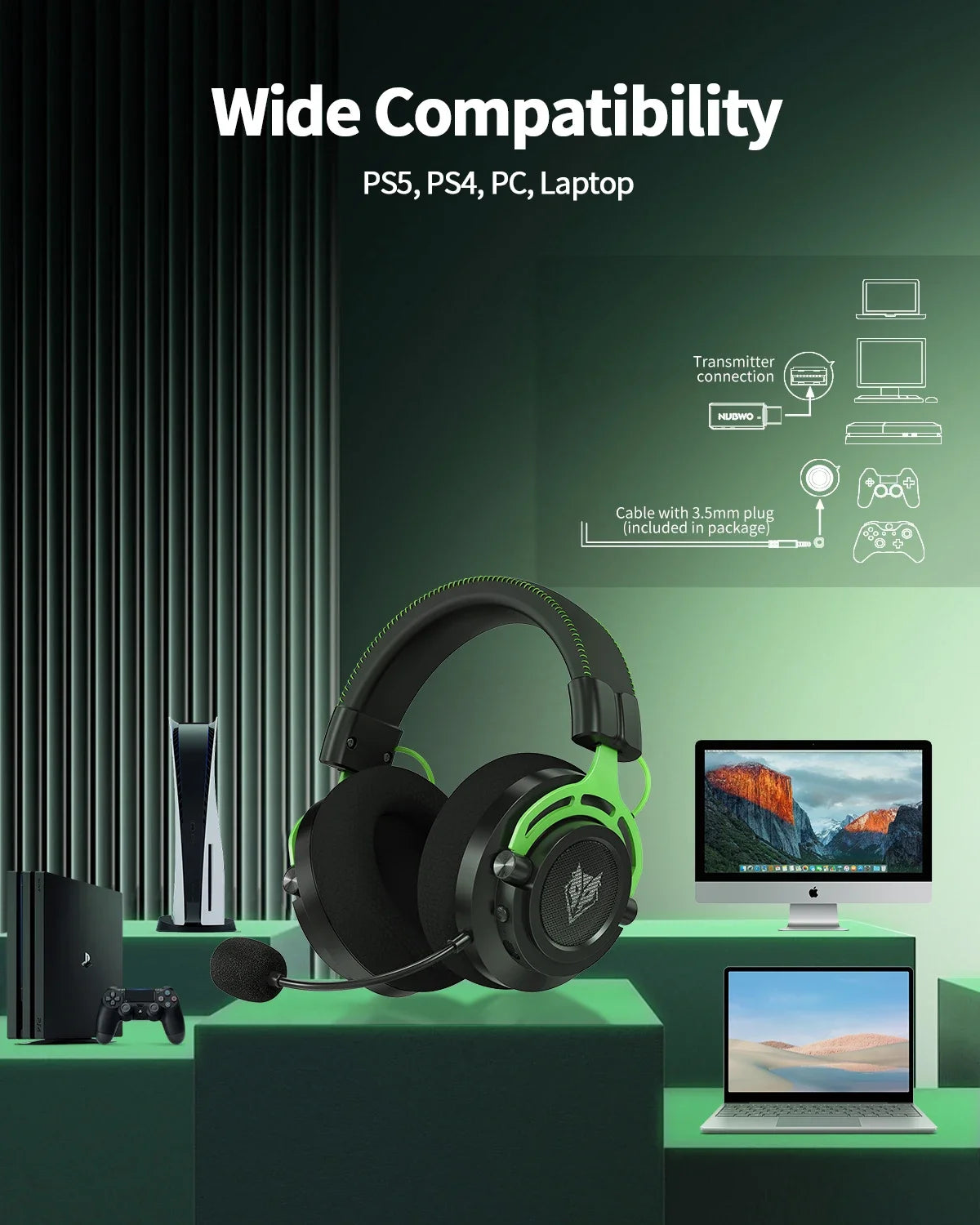 NUBWO G03 Headsets Gamer 2.4GHz Dongle Dual Wireless Bluetooth Headphone with Noise Canceling Microphone Stereo Sound Compatible
