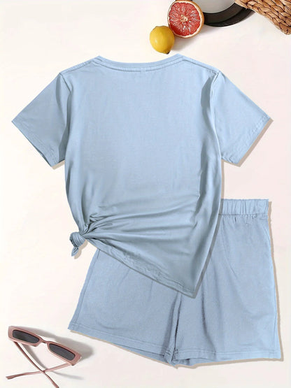 Summer women's fashion simple portrait print casual loose round neck short sleeved T-shirt shorts two-piece set