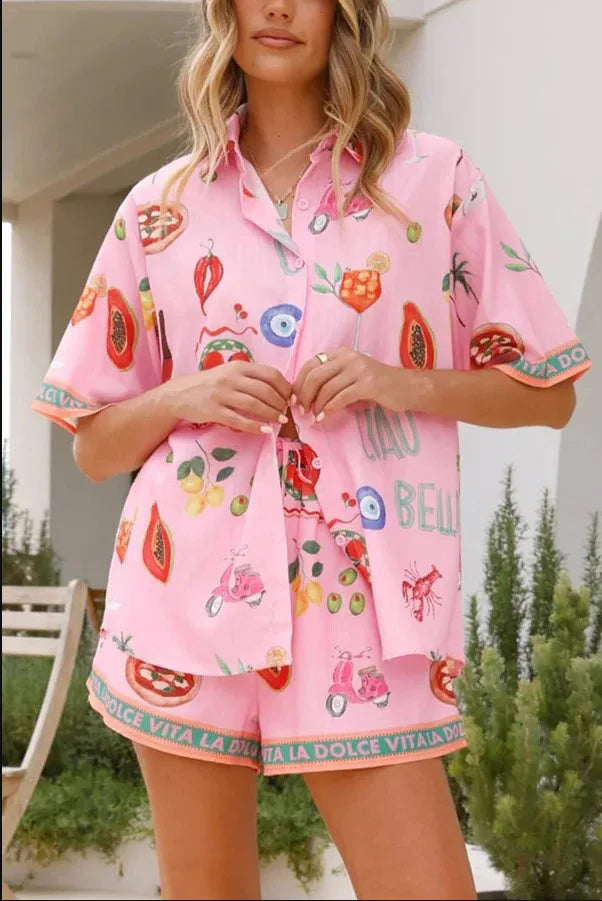 Casual Women Printed Blouse Shorts Two Pieces Sets Lapel Short Sleeve Button Shirt Suit Female New Summer Beach Holiday Outfits
