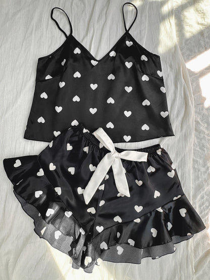 Cute Heart Print Pajamas for Women Set V Neck Top and Shorts Loungewear Sexy Fashion Women’s Sleepwear for Home