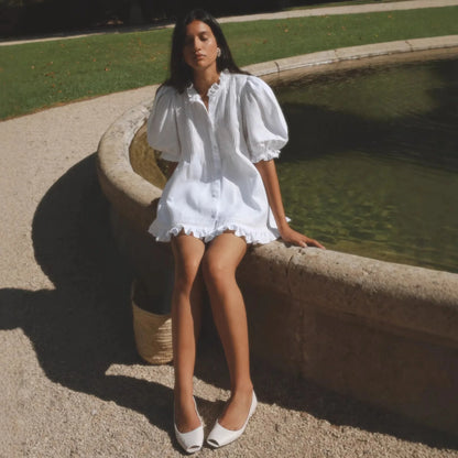 Women 2 Piece Shorts Set Puff Sleeve Button Down Blouse And Ruffle Hem Shorts White Cotton Look Casual Outfits Summer Streetwear