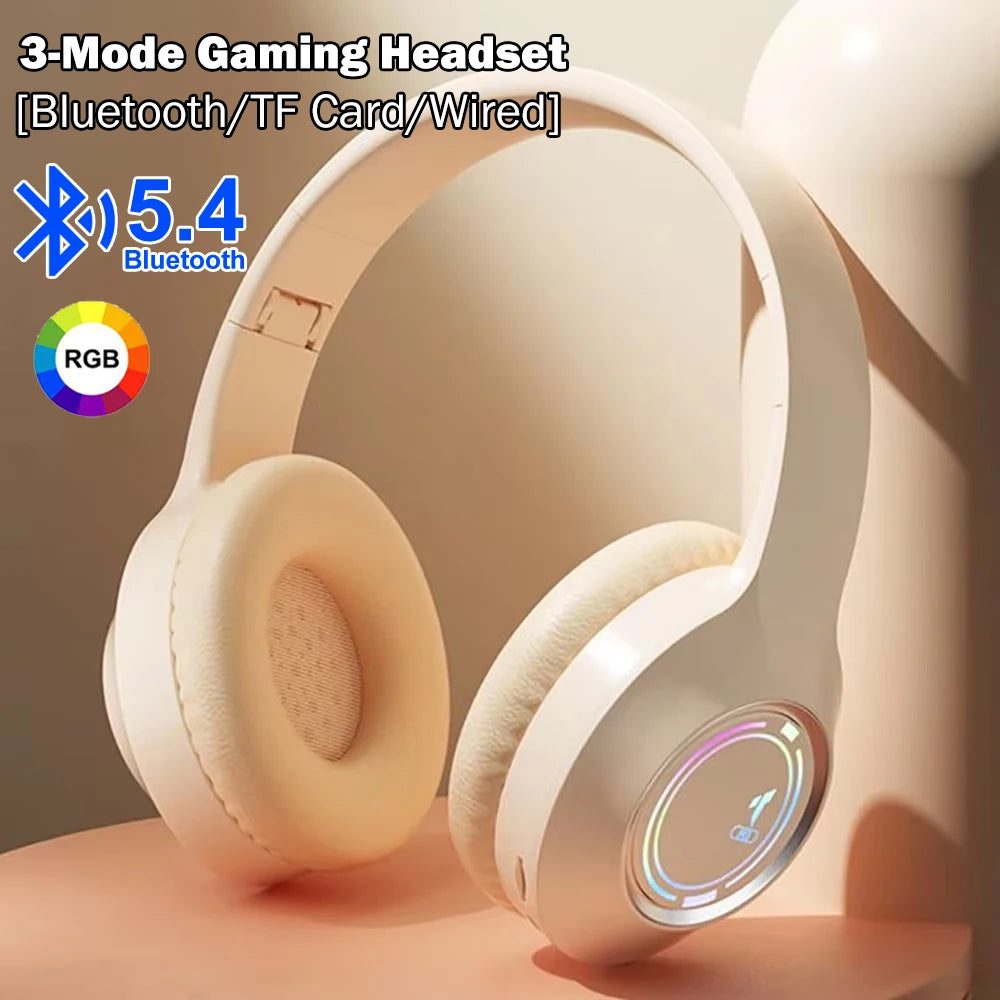 KEBIDUMEI RGB Over-Ear Gaming Headphones Bluetooth 5.4 3.5mm Wired TF Card Tri-mode Earphones HiFi Stereo Wireless Headsets