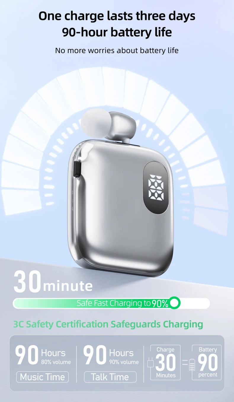 90H Playtime Bluetooth Headset V6 ENC Noise Canceling LED Power Display Retractable lapel clip Earphone for Meeting Driving K91