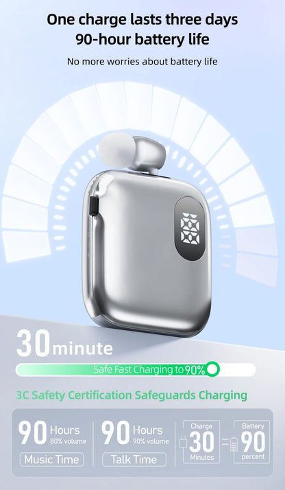 90H Playtime Bluetooth Headset V6 ENC Noise Canceling LED Power Display Retractable lapel clip Earphone for Meeting Driving K91