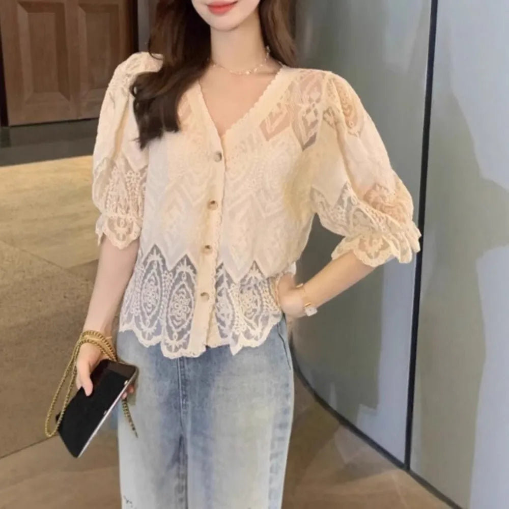 New Lace Hollow Out Bubble Sleeve Shirt Elegant V-neck Button Up Shirt Sweet Short Sleeve Blouses Summer