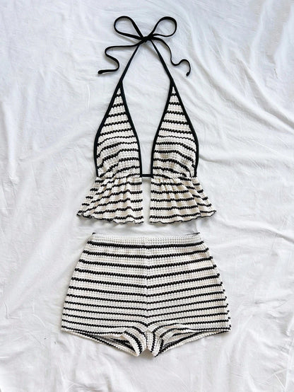 Women's Summer Sexy Contrasting Lace Up Backless Lace Up Top and Shorts Two-Piece Set, Striped Beach Holiday Style