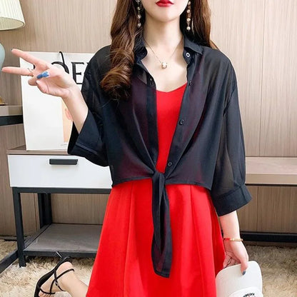 Xpqbb Summer Sun Protection Shirts Ladies Solid Color Tied Waist Half Sleeve Button Blouse Women Casual Loose Chiffon Shirt