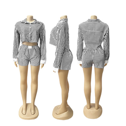 HLJ Spring Summer Ladies Shorts Outfits Stripes Crop Shirt Top + Shorts Two Piece Set Casual Matching Women 2 Piece Clothing Set