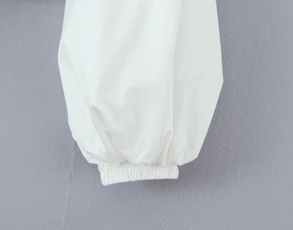 2 pieces 1 set Spring Summer White Elastic Slash Shoulder Lantern Sleeve Shirt + Wood ears Elastic Waist BUD Mini Shorts Suits