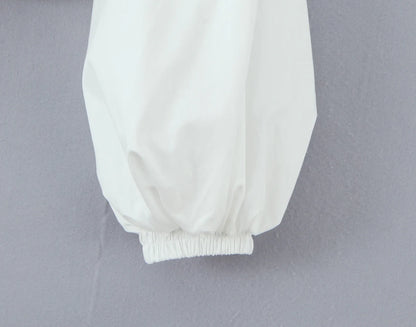 2 pieces 1 set Spring Summer White Elastic Slash Shoulder Lantern Sleeve Shirt + Wood ears Elastic Waist BUD Mini Shorts Suits