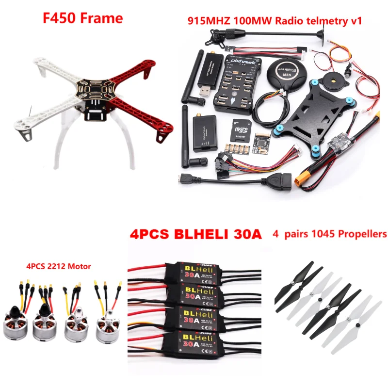 PixHawk2.4.8 Flight Control F450 Drone Kit Ardupilot 100MW Radio Telemetry Quadcopter BLHELI 30A 2212 Motor ESC Landing Gear