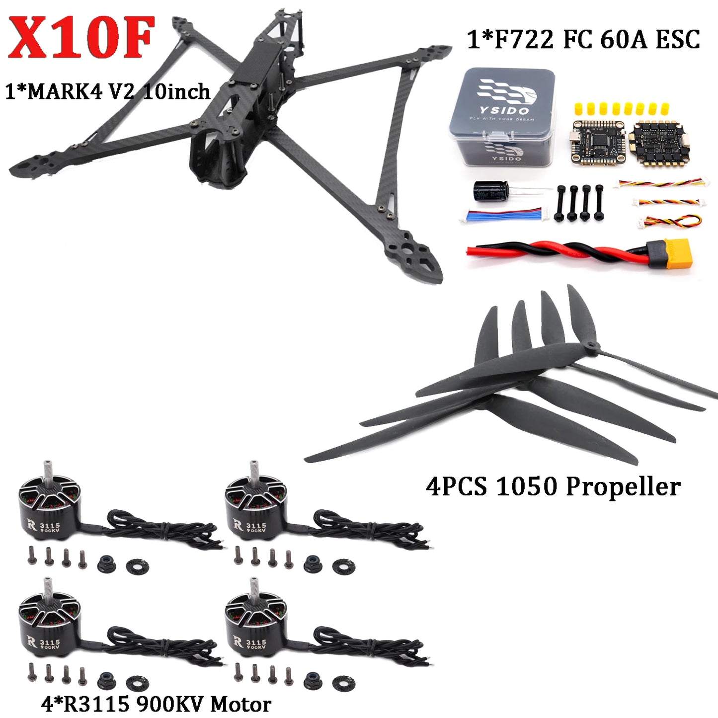 Mark4 V2 10inch Frame Kit F7 Flight Control 60A ESC Stack R3115 900KV Brushless Motor 1050 Propeller ELRS for FPV Camera Drone