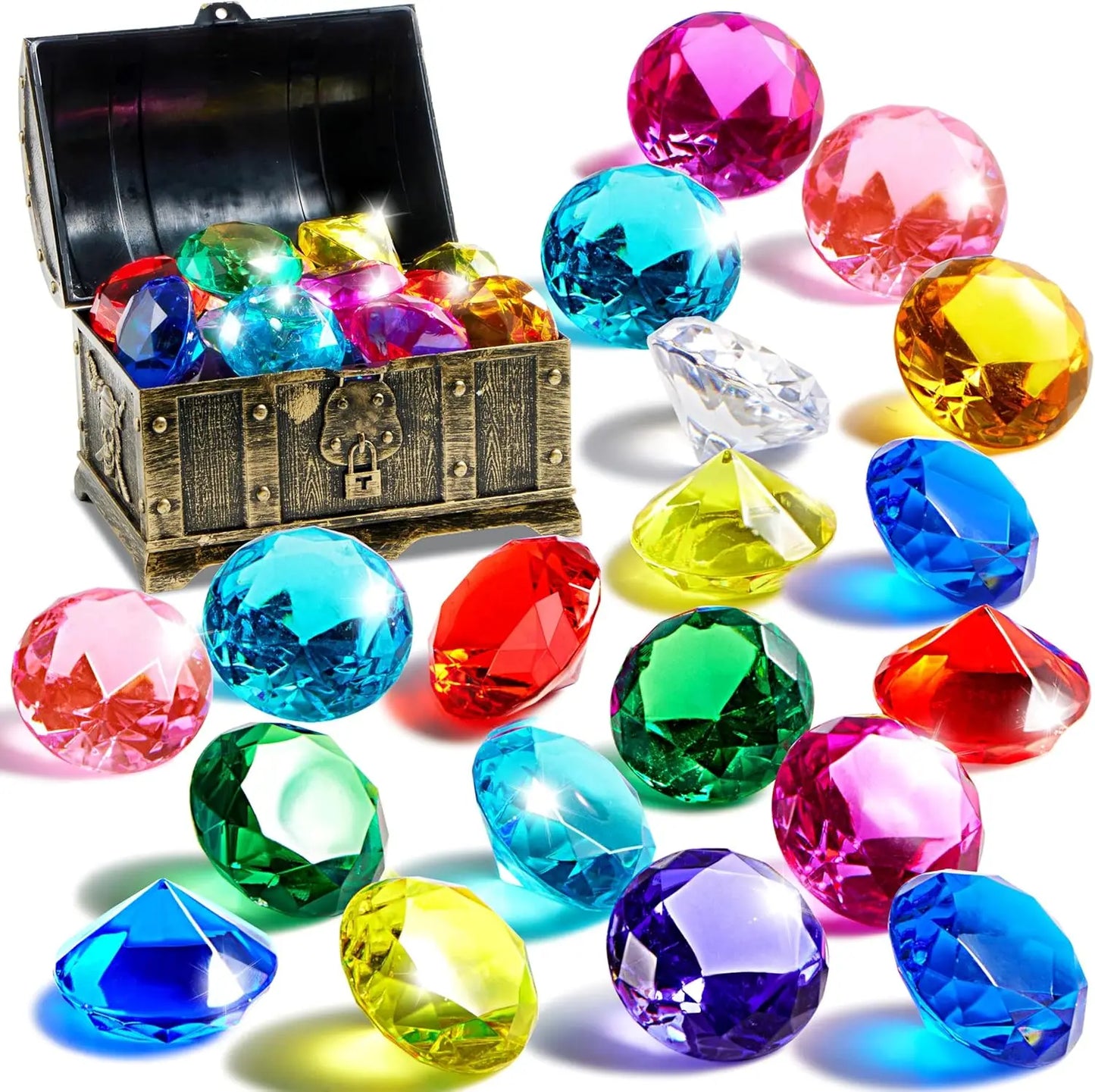 Joyfy Diving Gems Pool Toys 16 Big Colorful Diamond with Pirate Treasure Chest for Kids Underwater Gemstone Swimming Train Gift