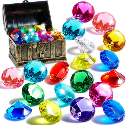 Joyfy Diving Gems Pool Toys 16 Big Colorful Diamond with Pirate Treasure Chest for Kids Underwater Gemstone Swimming Train Gift