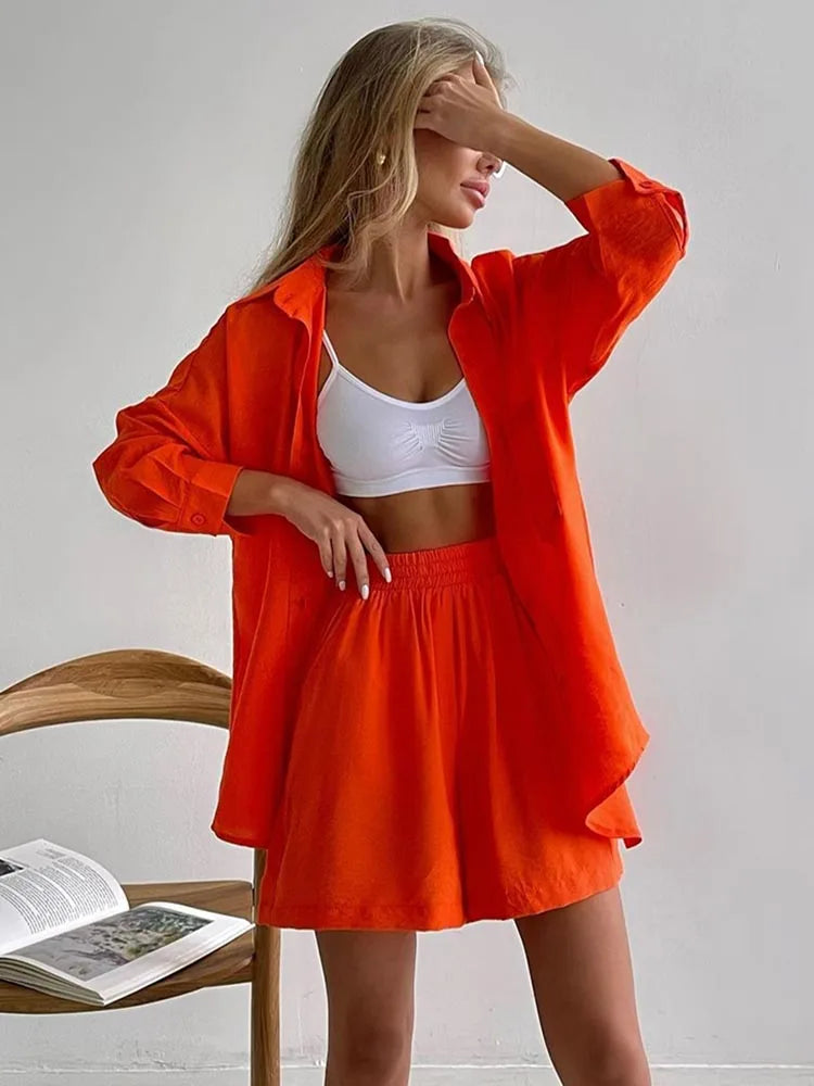 Summer Women's Suit Shirt and Short Sets Solid Color Casual Cotton and Linen Blouse and Shorts Two Piece Sets Women Outfit 2026