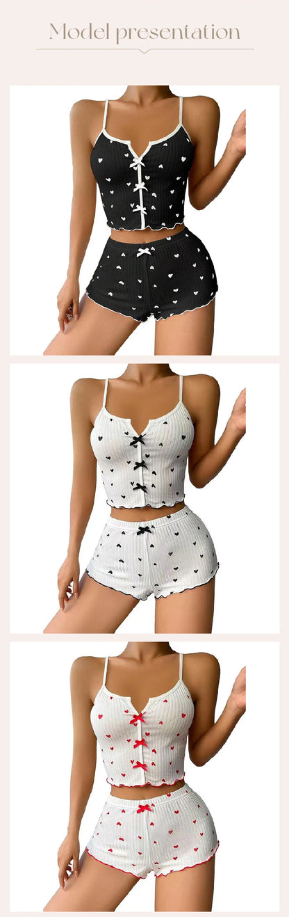 Women's Pajama Set Heart Print Soft Ribbed Fabric Sleepwear with Flirty Frill Trim Casual Cami Top and Shorts Sets Loungewear