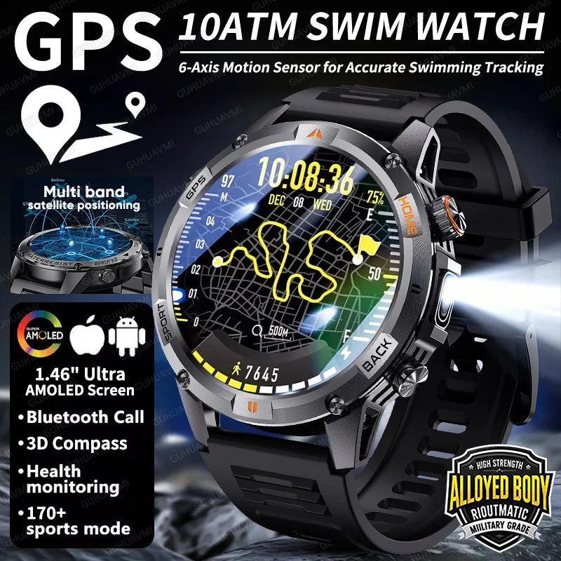 New Military GPS Smart Watch GPS LED Waterproof Heart Rate Sport BT Call HD AMOLED Smartwatch