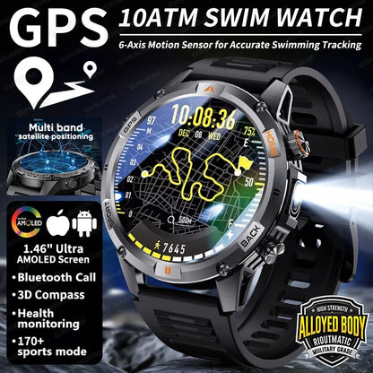 New Military GPS Smart Watch GPS LED Waterproof Heart Rate Sport BT Call HD AMOLED Smartwatch
