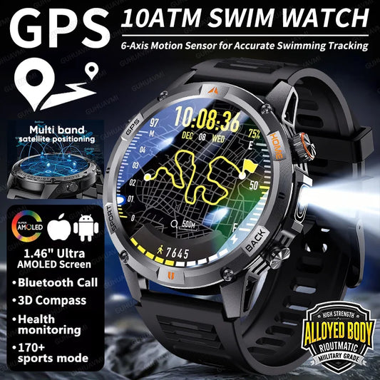 New Military GPS Smart Watch GPS LED Waterproof Heart Rate Sport BT Call HD AMOLED Smartwatch