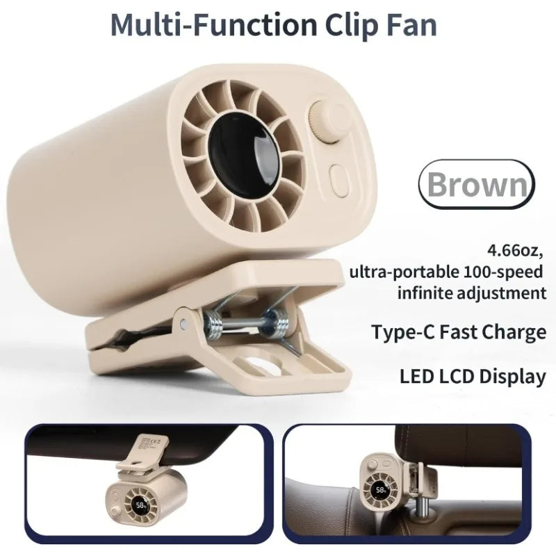 Car Clip Fan 360° Rotatable 100 Speed Wind 12V USB Rechargeable Electric Fan Low Noise Mini Fan Clamp Anywhere