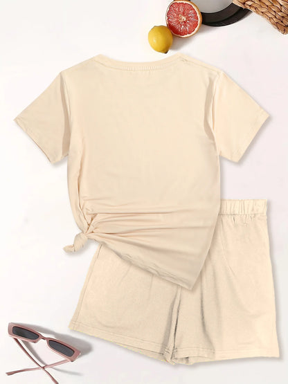 Summer women's fashion simple portrait print casual loose round neck short sleeved T-shirt shorts two-piece set