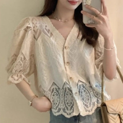 New Lace Hollow Out Bubble Sleeve Shirt Elegant V-neck Button Up Shirt Sweet Short Sleeve Blouses Summer