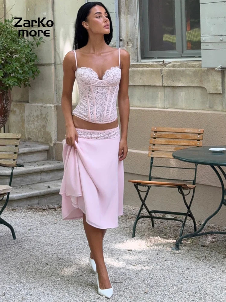 Fashion Women's Pink Lace Corset Skirt Set Slim Sleeveless Waist Cinching Strap Top Loose Skirts 2026 Summer Lady Party Outfits