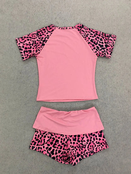 2026 summer new American retro leopard print patchwork short sleeved shorts set Y2K punk street fashion trend casual spicy girl