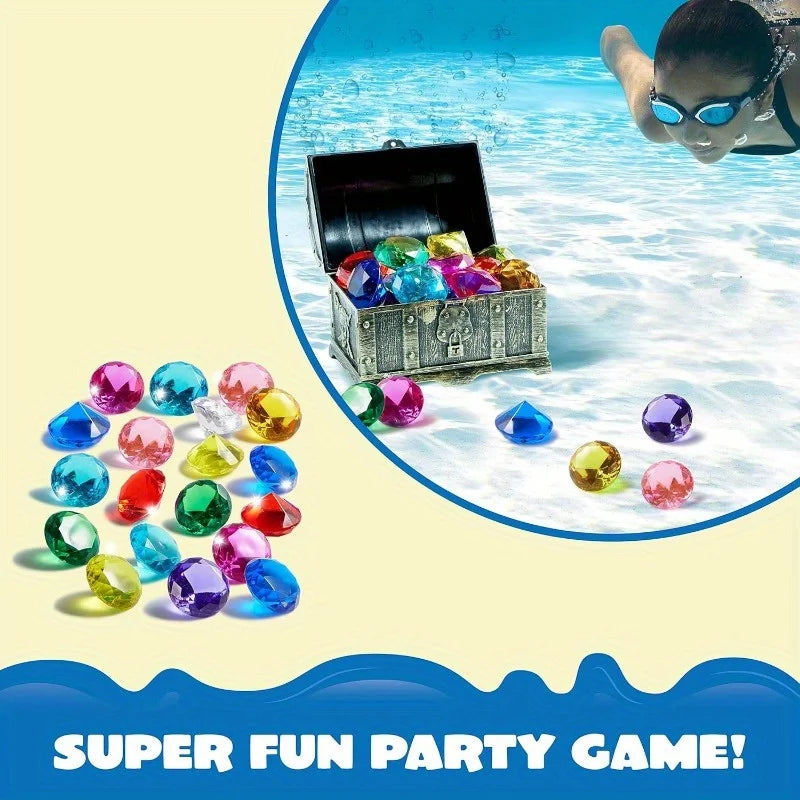 Joyfy Diving Gems Pool Toys 16 Big Colorful Diamond with Pirate Treasure Chest for Kids Underwater Gemstone Swimming Train Gift